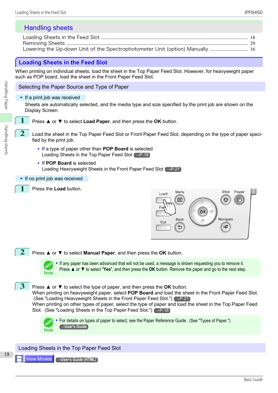 Handling sheets, Loading sheets in the feed slot | Canon imagePROGRAF iPF6450 User Manual | Page 18 / 159