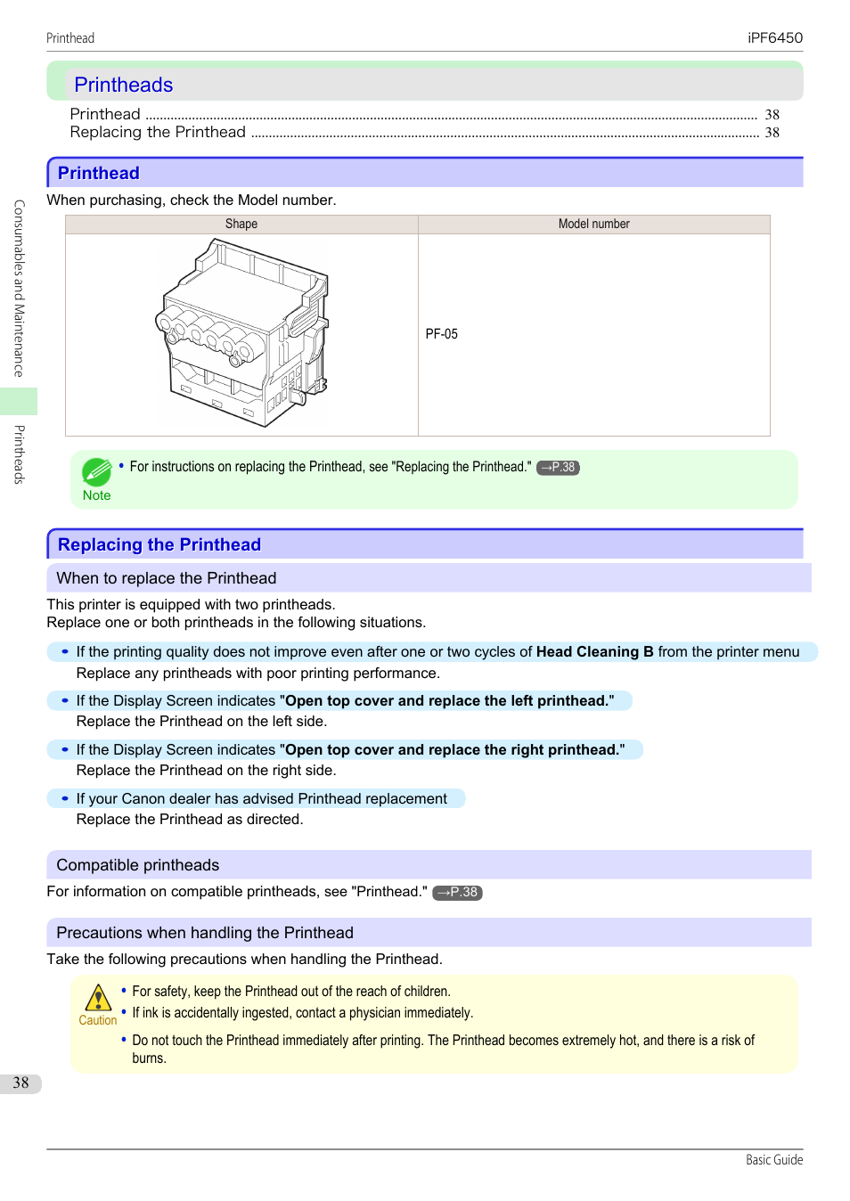 Printheads, Printhead, Replacing the printhead | Canon imagePROGRAF iPF6450 User Manual | Page 38 / 159