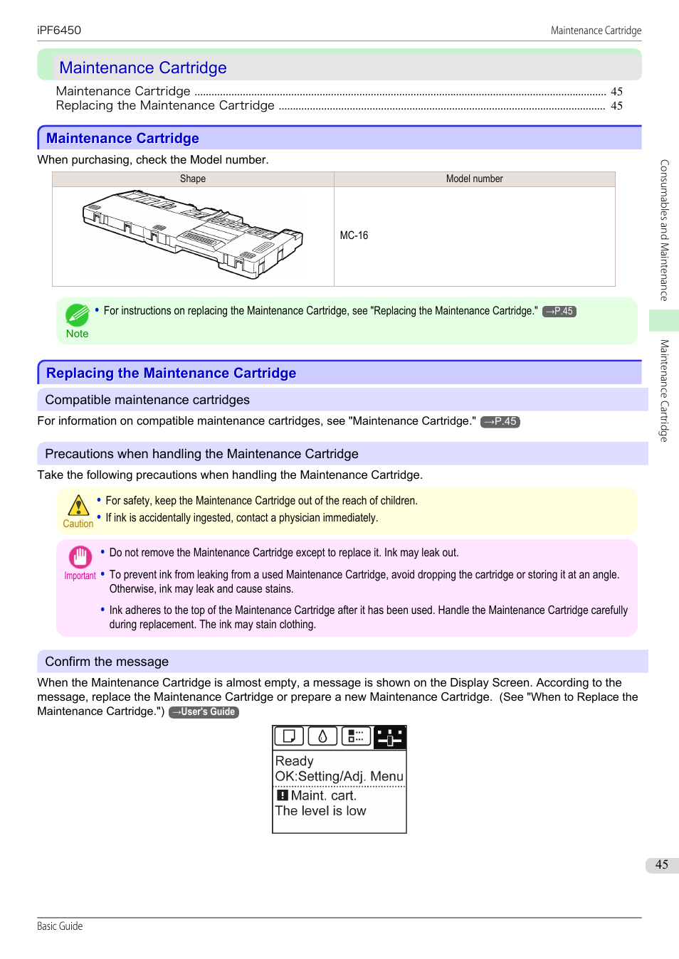 Maintenance cartridge, Replacing the maintenance cartridge | Canon imagePROGRAF iPF6450 User Manual | Page 45 / 159