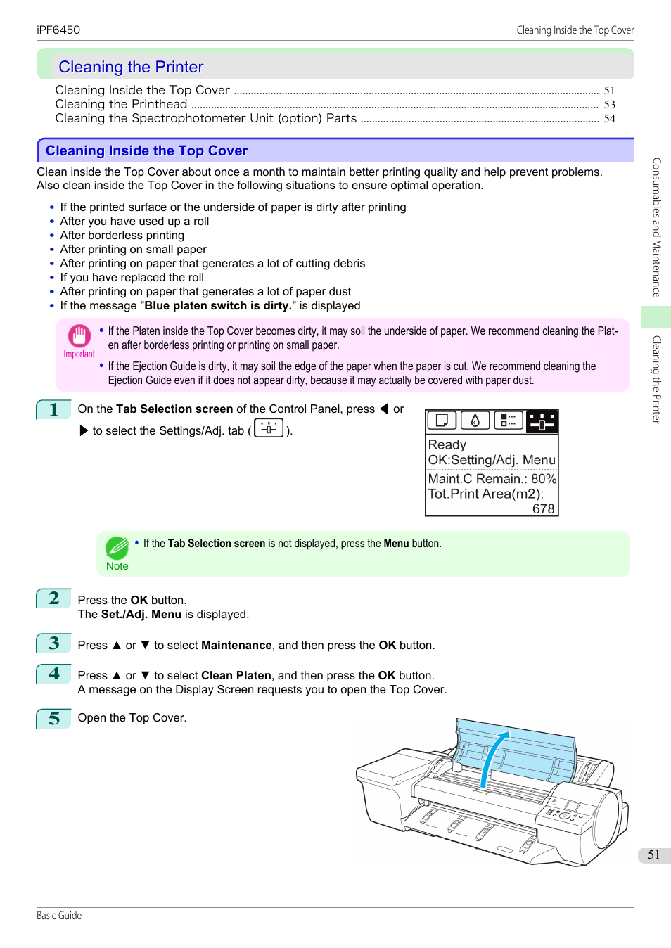 Cleaning the printer, Cleaning inside the top cover, See "cleaning inside the top cover.") | P.51 | Canon imagePROGRAF iPF6450 User Manual | Page 51 / 159