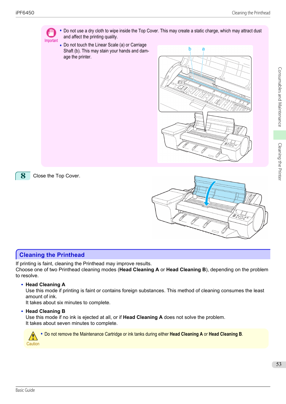 Cleaning the printhead | Canon imagePROGRAF iPF6450 User Manual | Page 53 / 159