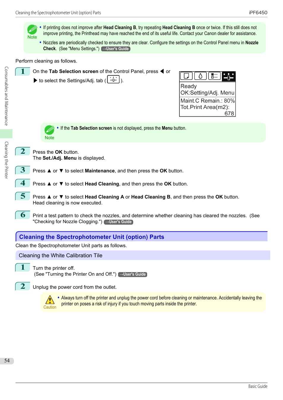 Cleaning the spectrophotometer unit (option) parts | Canon imagePROGRAF iPF6450 User Manual | Page 54 / 159