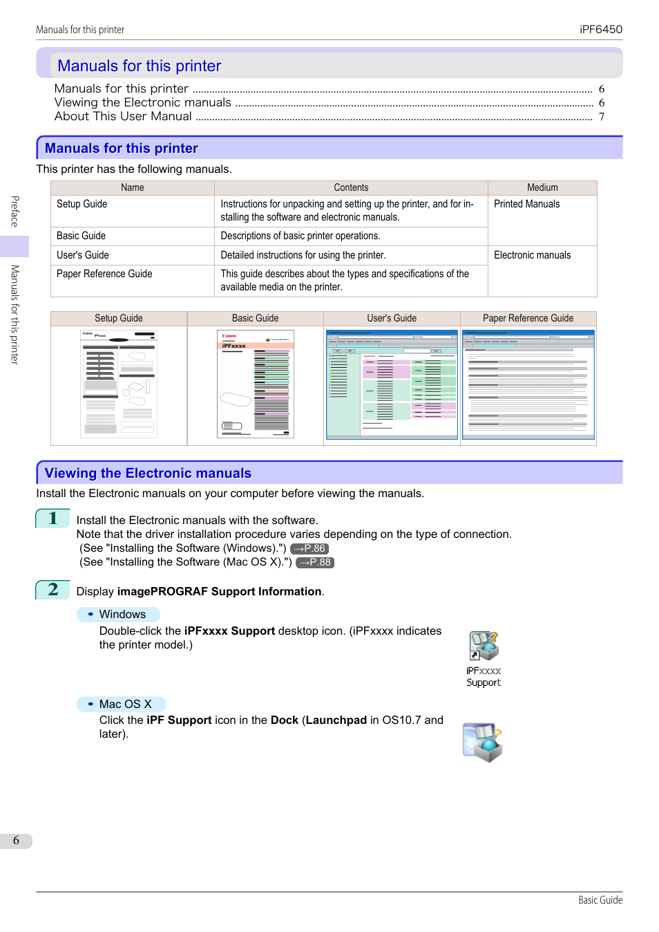 Manuals for this printer, Viewing the electronic manuals | Canon imagePROGRAF iPF6450 User Manual | Page 6 / 159