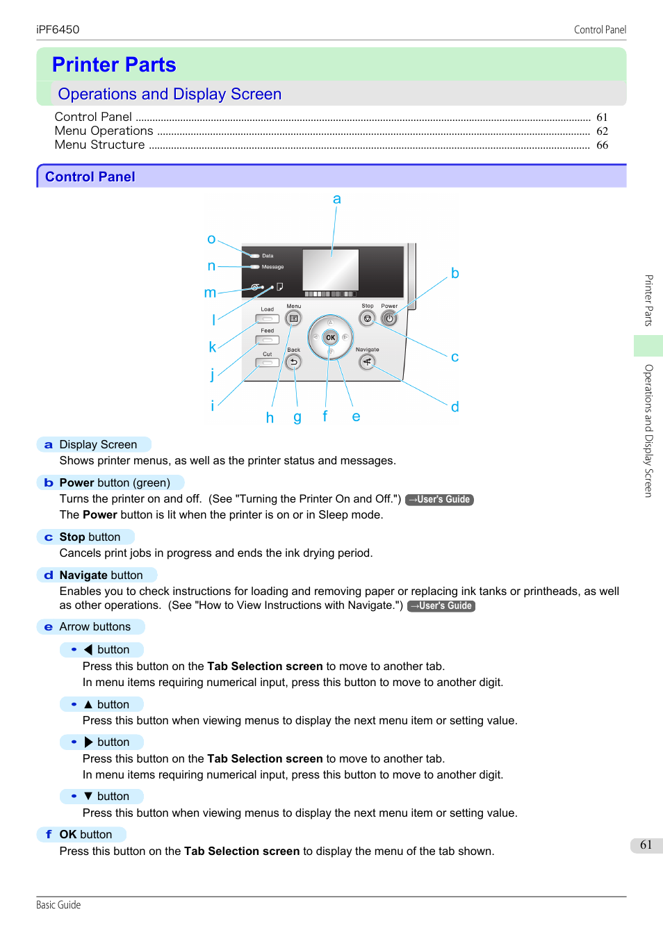 Printer parts, Operations and display screen, Control panel | Canon imagePROGRAF iPF6450 User Manual | Page 61 / 159