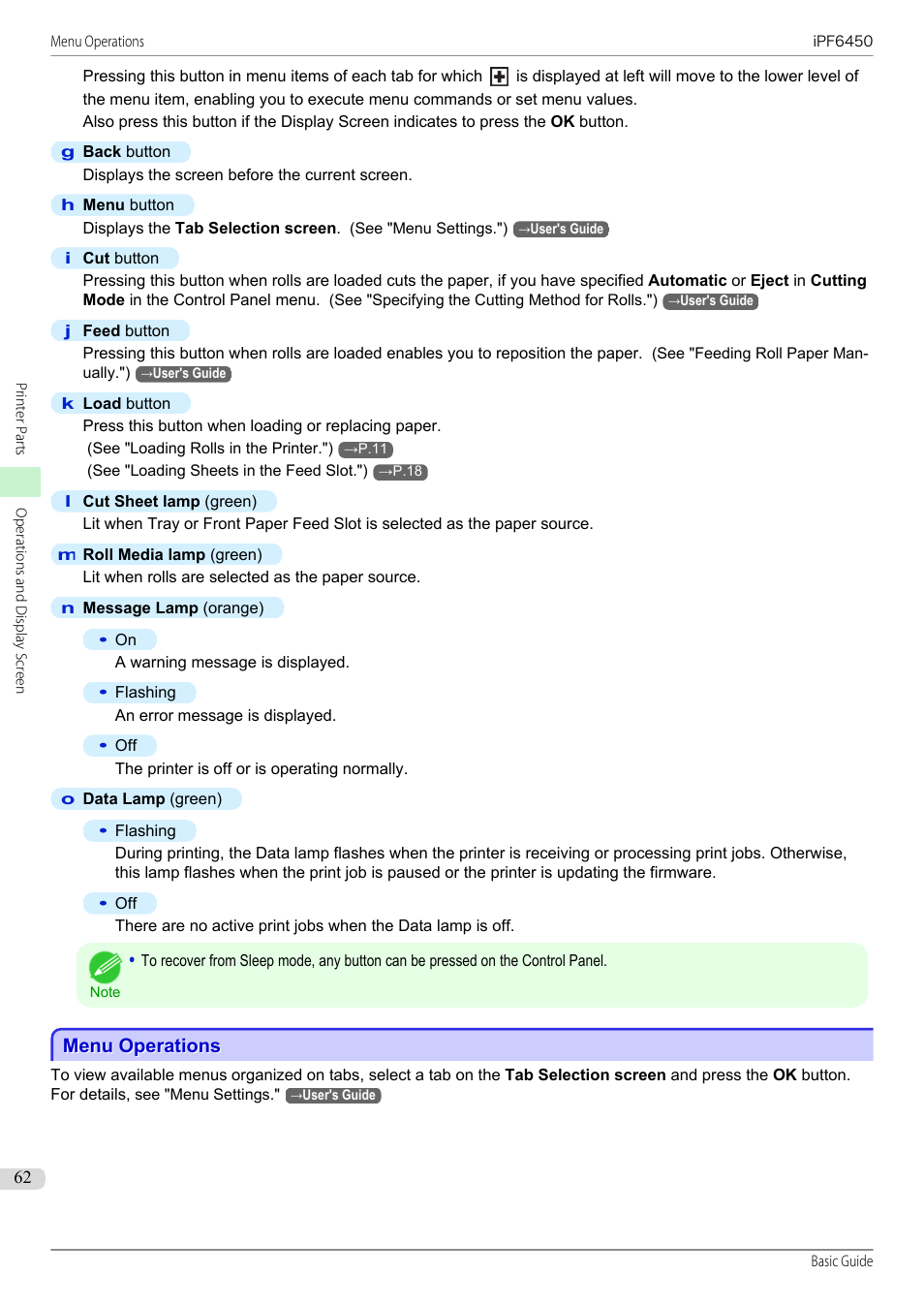 Menu operations | Canon imagePROGRAF iPF6450 User Manual | Page 62 / 159
