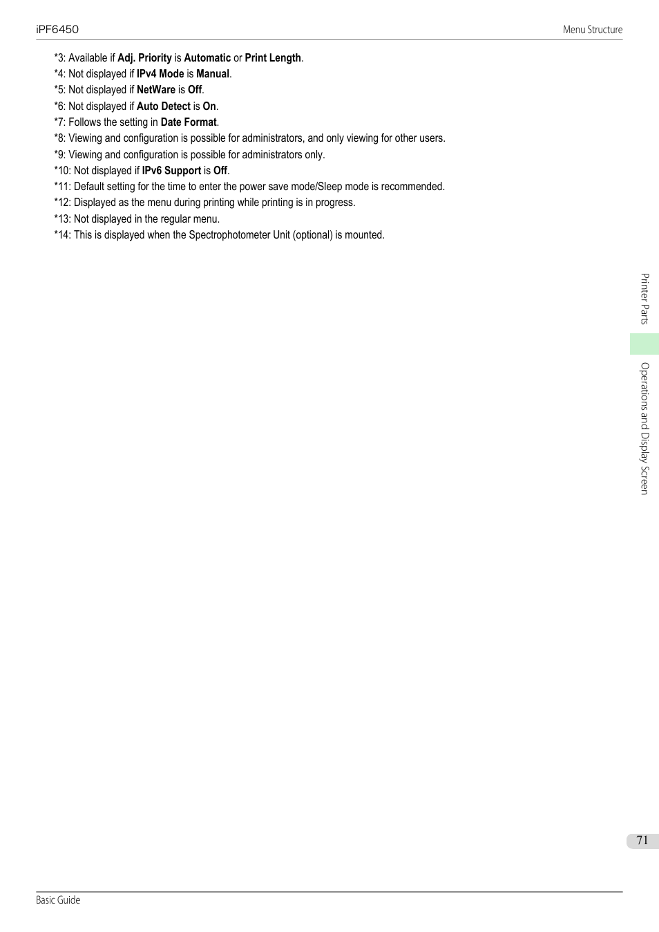 Autoadjst(hiprc) (*14, Colorcheck print (*14, Up (*8 | Tcp/ip (*8, Ipv4 (*8, Protocol (*4, Dhcp (*8, Bootp (*8, Ip address (*9), Pri. dns srvaddr (*9) | Canon imagePROGRAF iPF6450 User Manual | Page 71 / 159