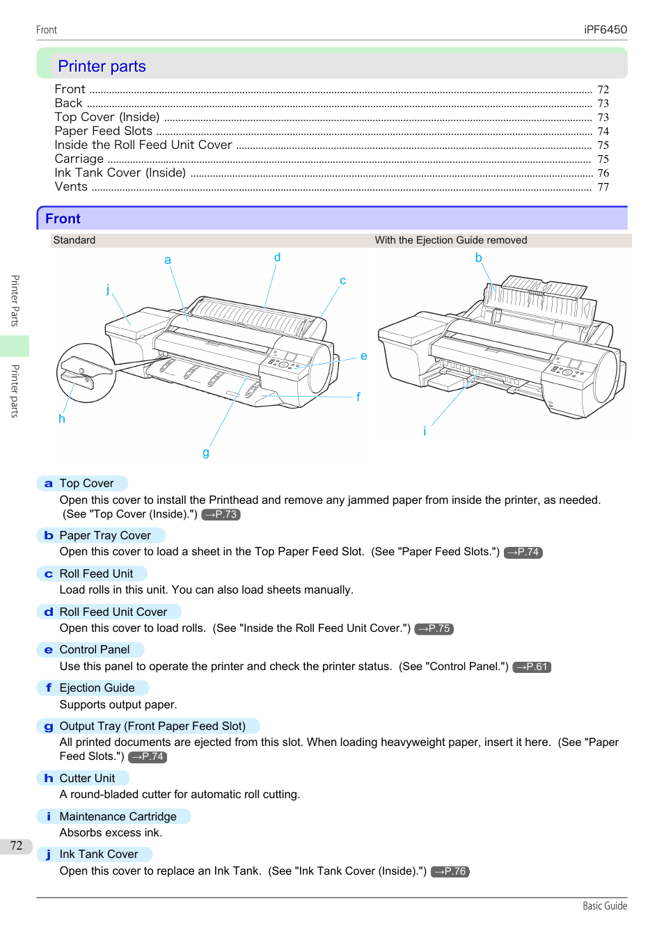 Printer parts, Front | Canon imagePROGRAF iPF6450 User Manual | Page 72 / 159