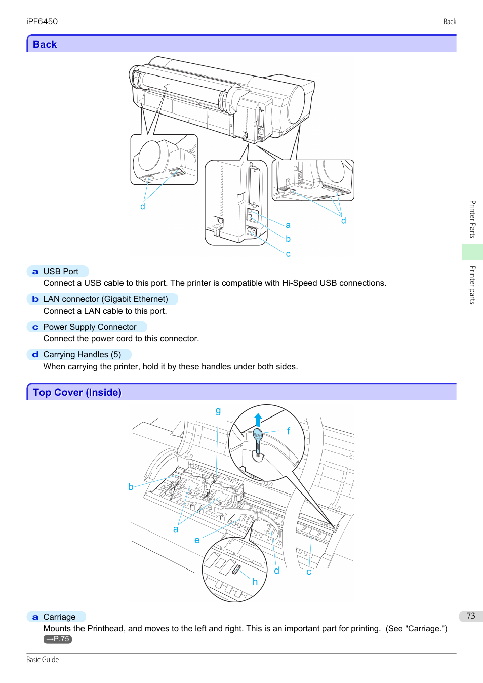 Back, Top cover (inside), See "top cover (inside).") | P.73 | Canon imagePROGRAF iPF6450 User Manual | Page 73 / 159