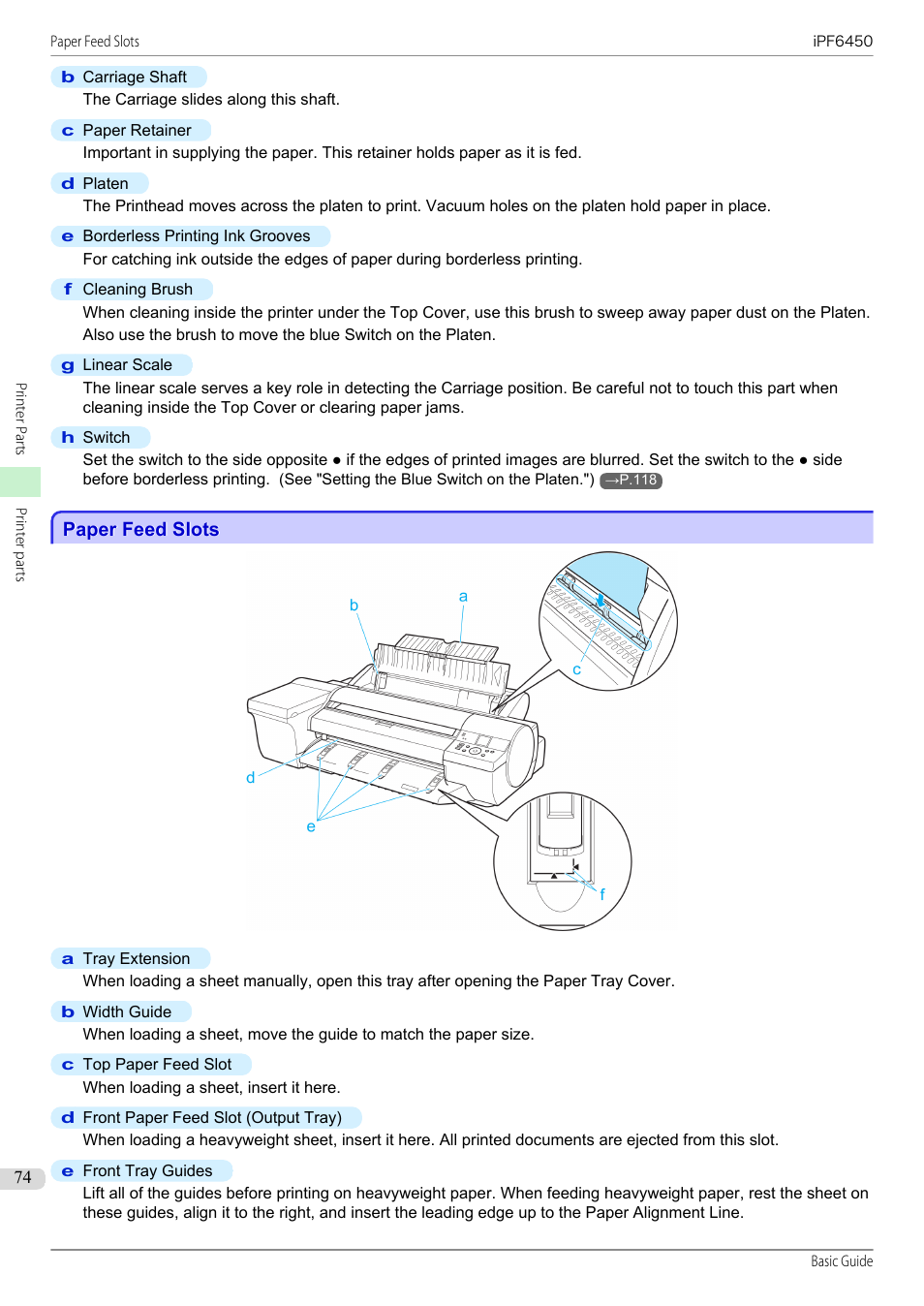 Paper feed slots, See "paper feed slots."), P.74 | Canon imagePROGRAF iPF6450 User Manual | Page 74 / 159