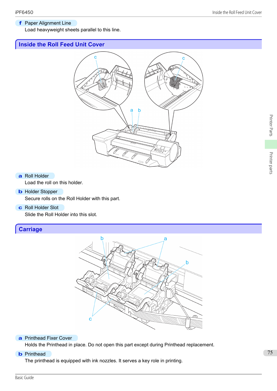 Inside the roll feed unit cover, Carriage, P.75 | Canon imagePROGRAF iPF6450 User Manual | Page 75 / 159