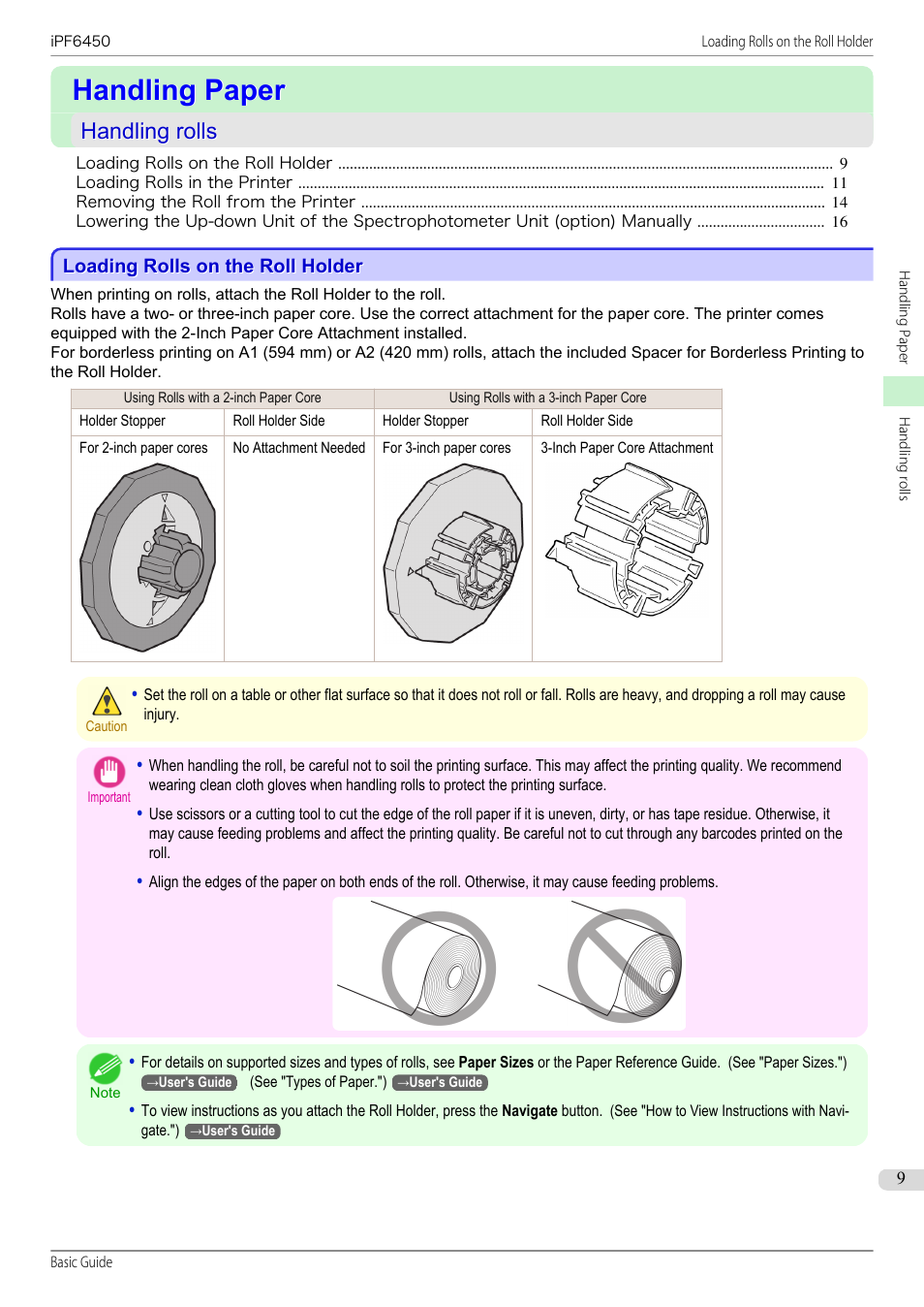 Handling paper, Handling rolls, Loading rolls on the roll holder | Canon imagePROGRAF iPF6450 User Manual | Page 9 / 159