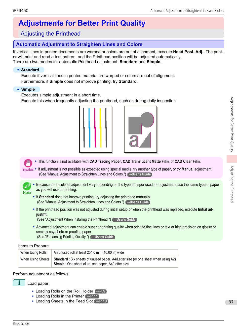 Adjustments for better print quality, Adjusting the printhead, P.97 | Canon imagePROGRAF iPF6450 User Manual | Page 97 / 159