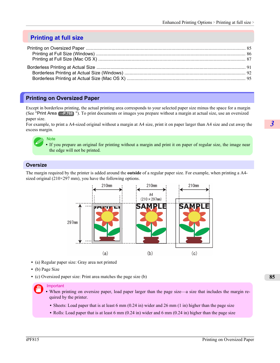 Printing at full size, Printing on oversized paper | Canon imagePROGRAF iPF815 User Manual | Page 101 / 960