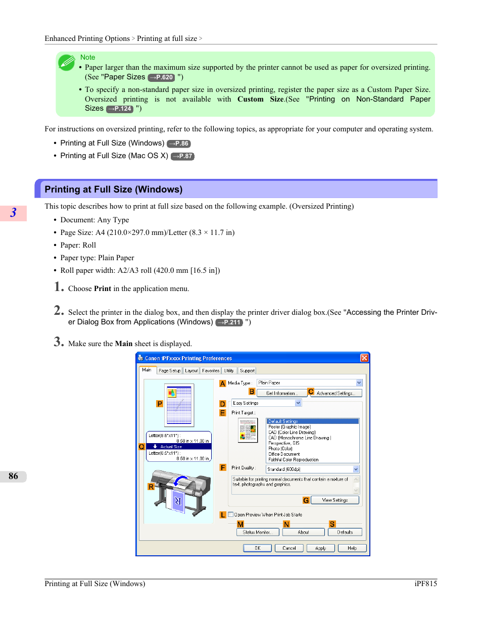 Printing at full size (windows) | Canon imagePROGRAF iPF815 User Manual | Page 102 / 960