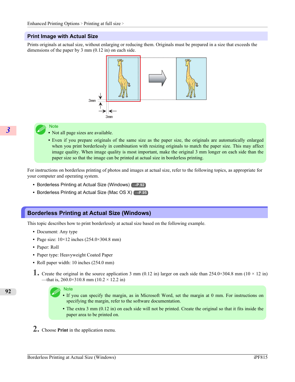 Borderless printing at actual size (windows) | Canon imagePROGRAF iPF815 User Manual | Page 108 / 960