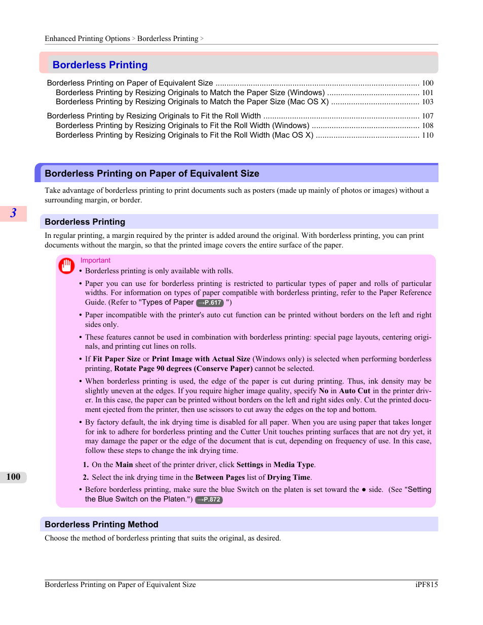Borderless printing, Borderless printing on paper of equivalent size, P.100 | Canon imagePROGRAF iPF815 User Manual | Page 116 / 960