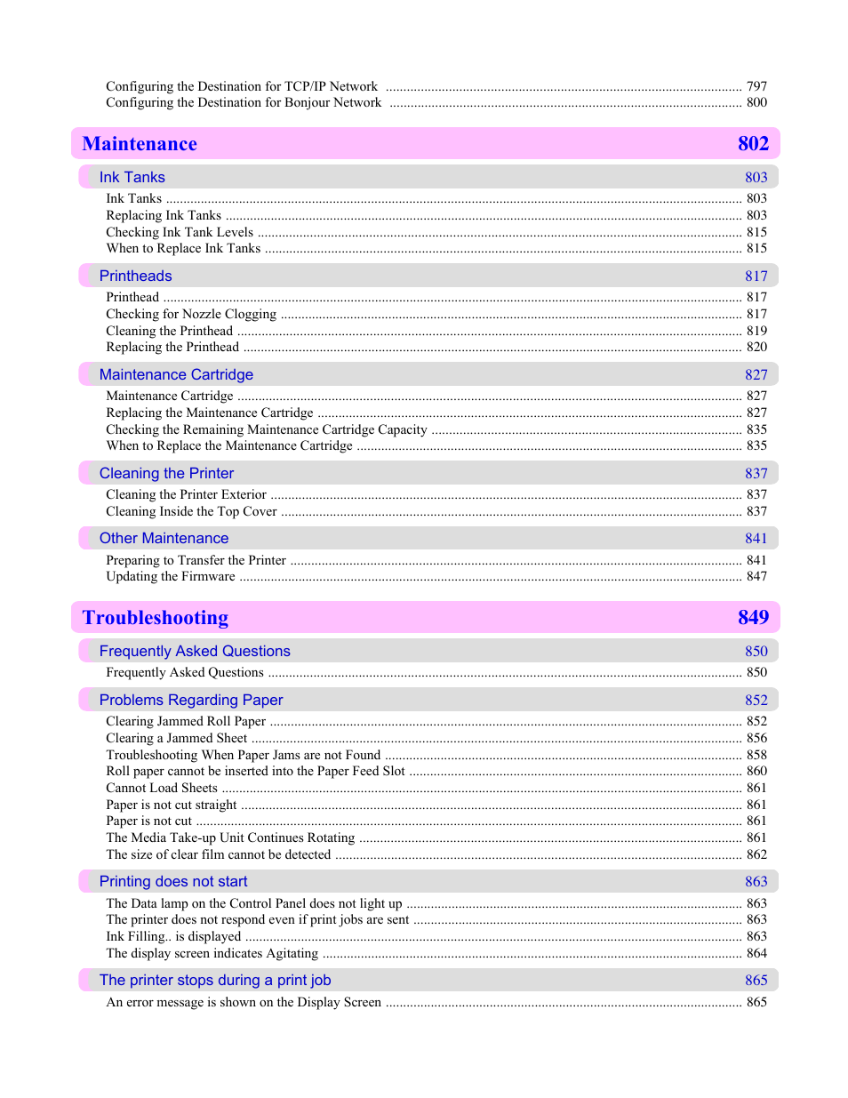 Maintenance 802, Troubleshooting 849 | Canon imagePROGRAF iPF815 User Manual | Page 13 / 960