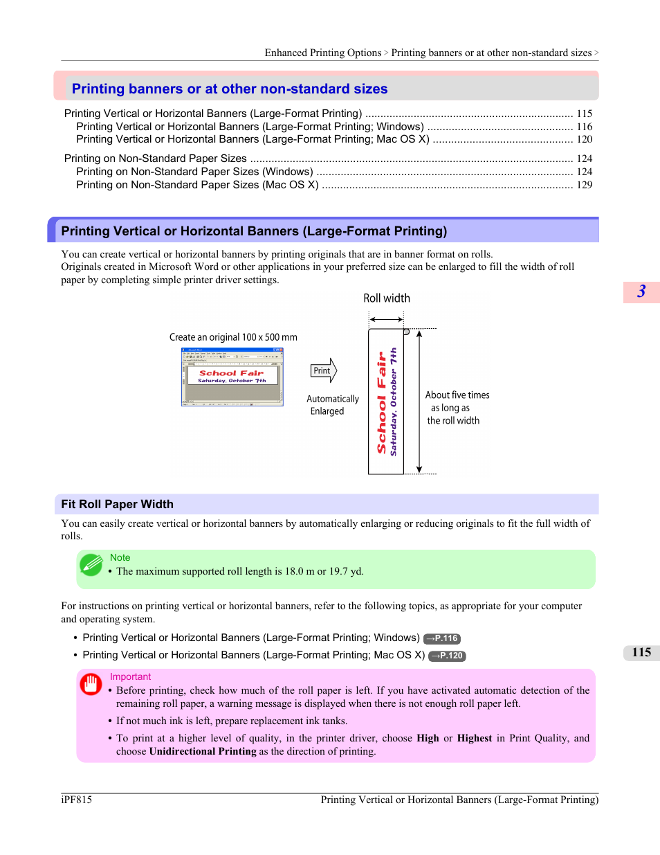 Printing banners or at other non-standard sizes, P.115 | Canon imagePROGRAF iPF815 User Manual | Page 131 / 960