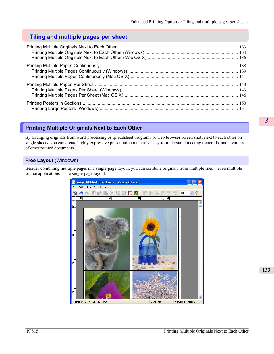 Printing multiple originals next to each other, P.133, Tiling and multiple pages per sheet | Canon imagePROGRAF iPF815 User Manual | Page 149 / 960