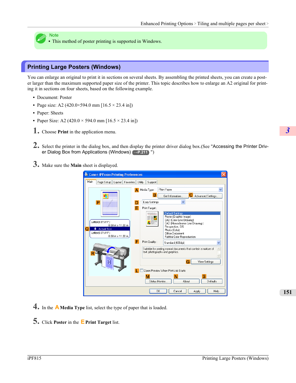 Printing large posters (windows), P.151 | Canon imagePROGRAF iPF815 User Manual | Page 167 / 960