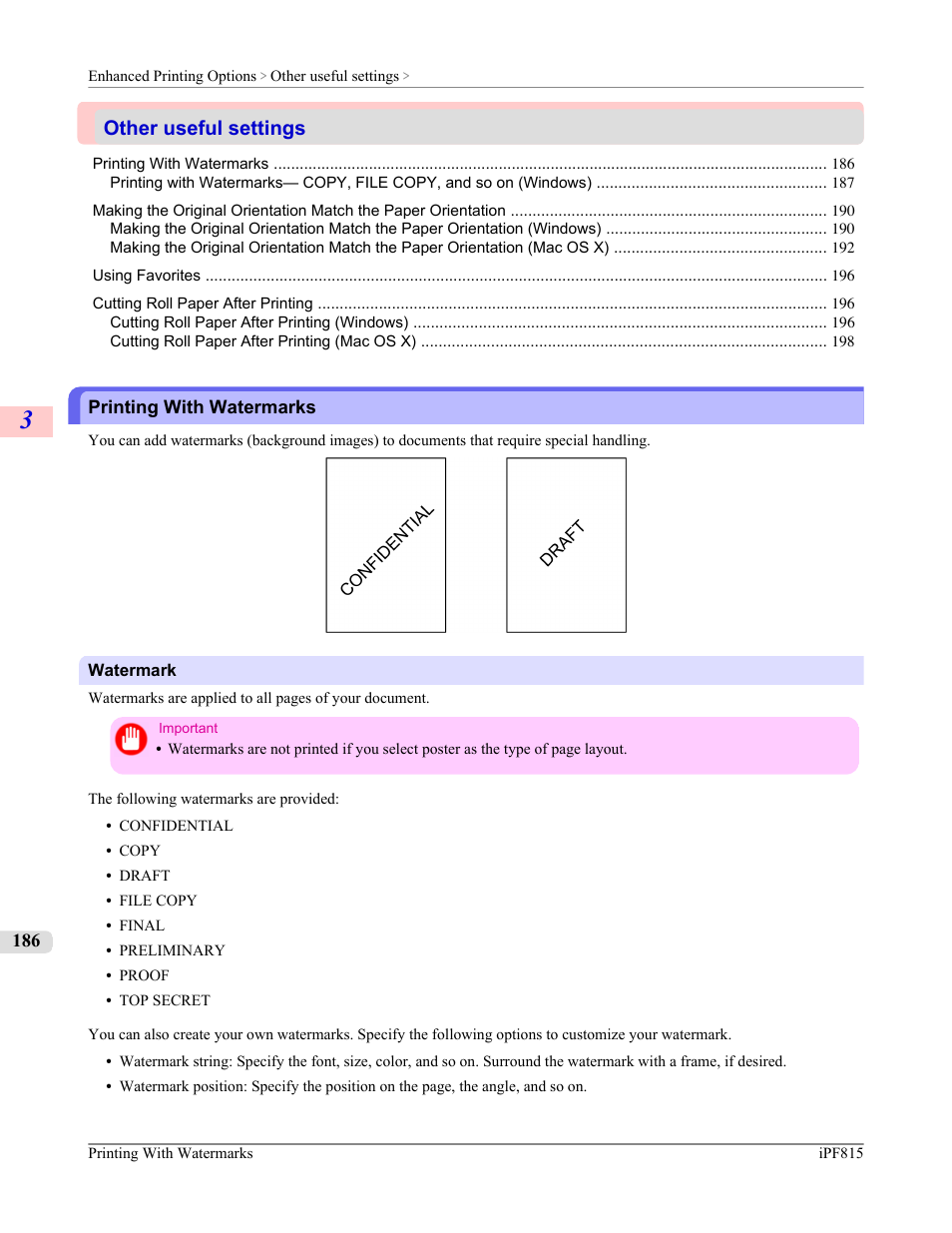 Other useful settings, Printing with watermarks | Canon imagePROGRAF iPF815 User Manual | Page 202 / 960