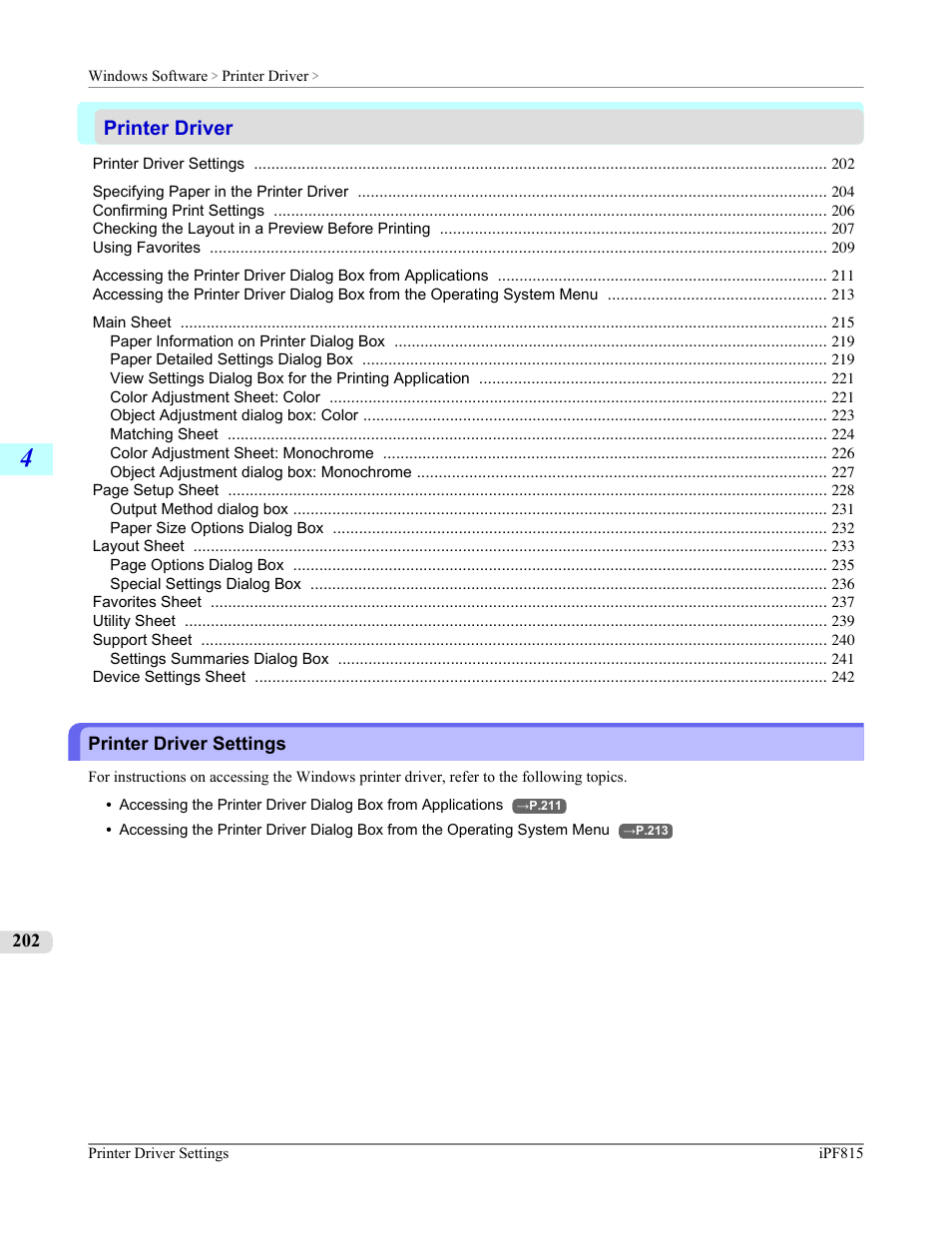 Printer driver, Printer driver settings, P.202 | Canon imagePROGRAF iPF815 User Manual | Page 218 / 960