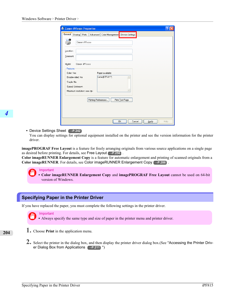 Specifying paper in the printer driver, Specifying paper in the printer driver (windows), P.204 | Canon imagePROGRAF iPF815 User Manual | Page 220 / 960