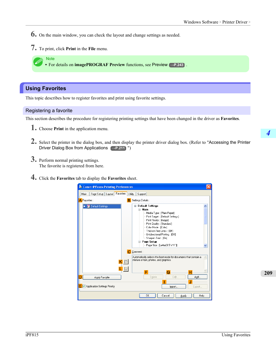Using favorites, Using favorites (windows), P.209 | Canon imagePROGRAF iPF815 User Manual | Page 225 / 960
