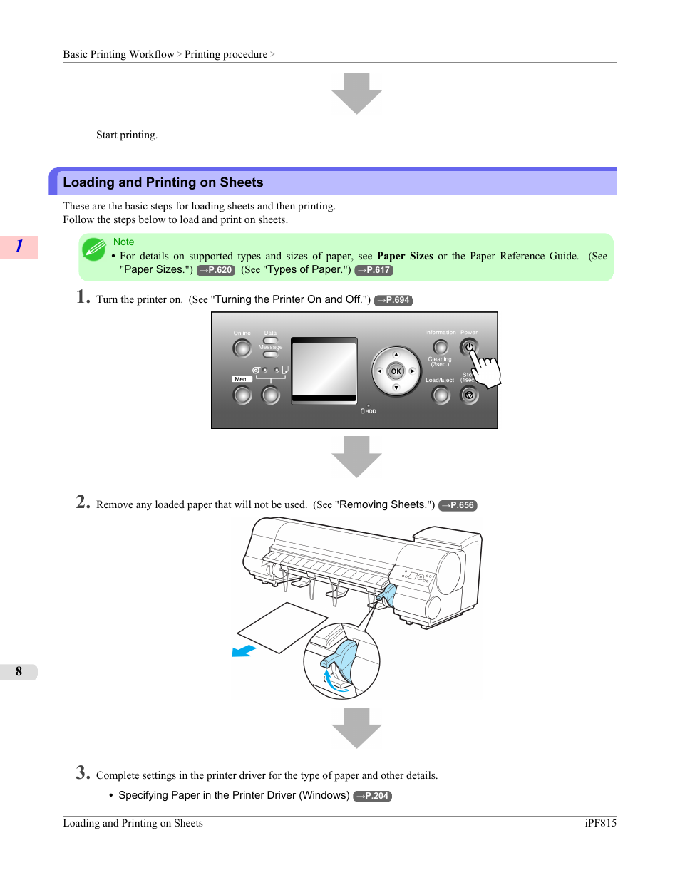 Loading and printing on sheets | Canon imagePROGRAF iPF815 User Manual | Page 24 / 960
