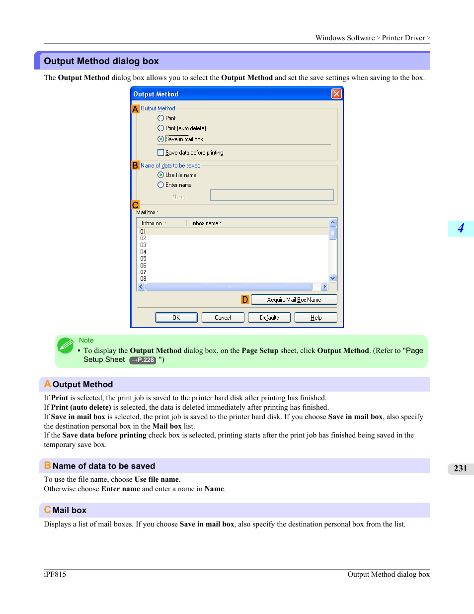 Output method dialog box, P.231 | Canon imagePROGRAF iPF815 User Manual | Page 247 / 960