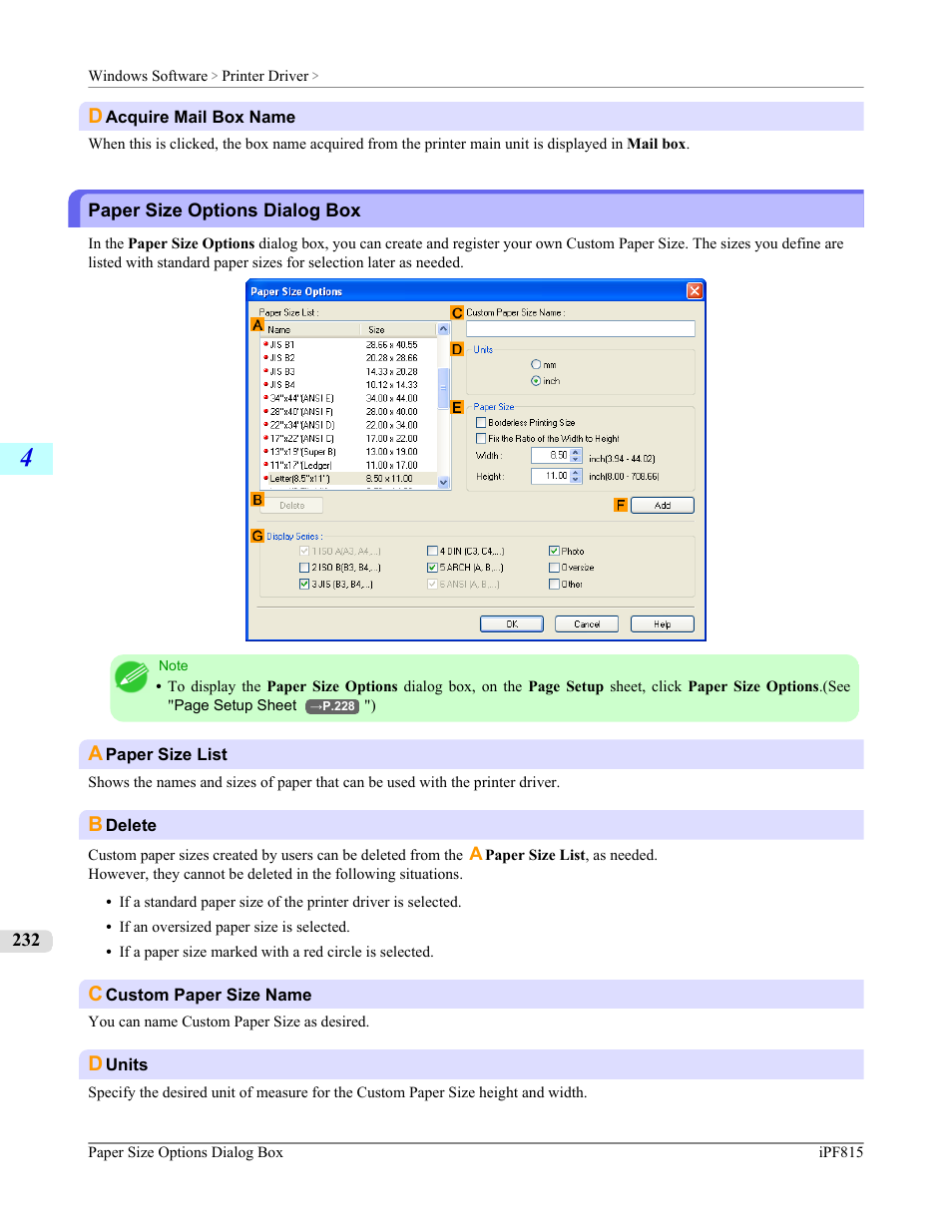 Paper size options dialog box, P.232 | Canon imagePROGRAF iPF815 User Manual | Page 248 / 960