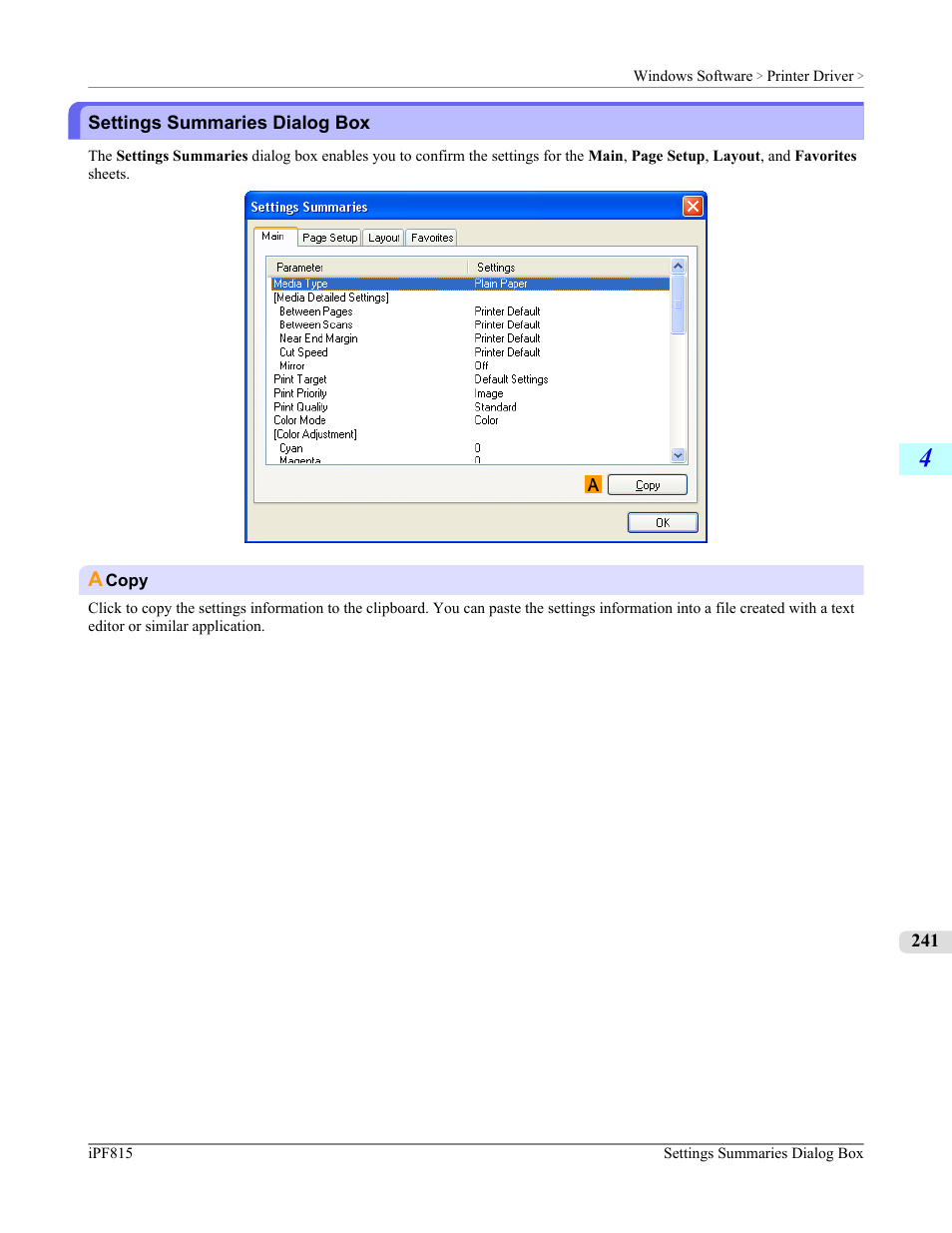Settings summaries dialog box | Canon imagePROGRAF iPF815 User Manual | Page 257 / 960