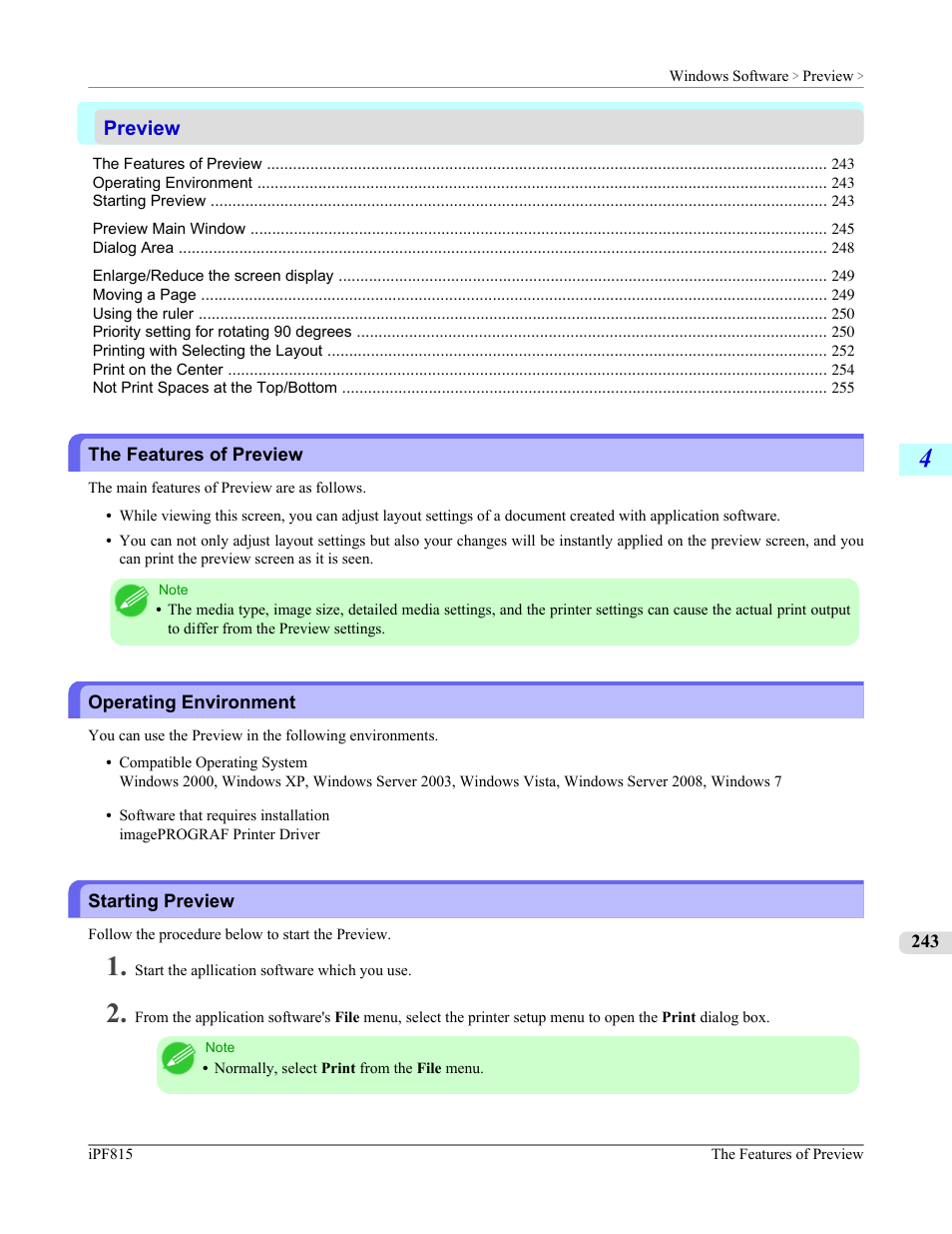 Preview, The features of preview, Operating environment | Starting preview, Operating environment starting preview, P.243 | Canon imagePROGRAF iPF815 User Manual | Page 259 / 960
