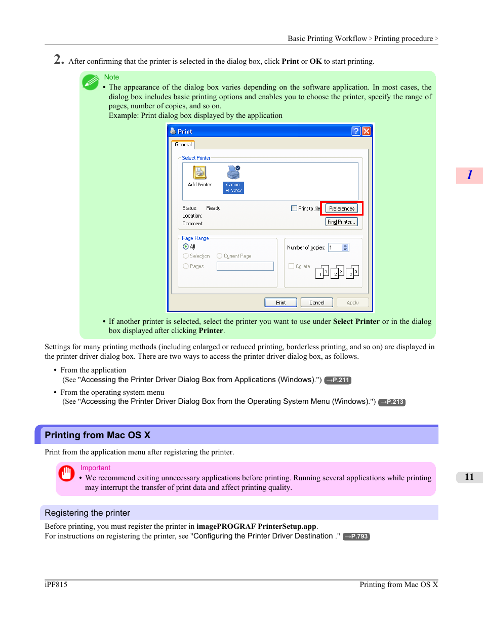 Printing from mac os x, P.11 | Canon imagePROGRAF iPF815 User Manual | Page 27 / 960