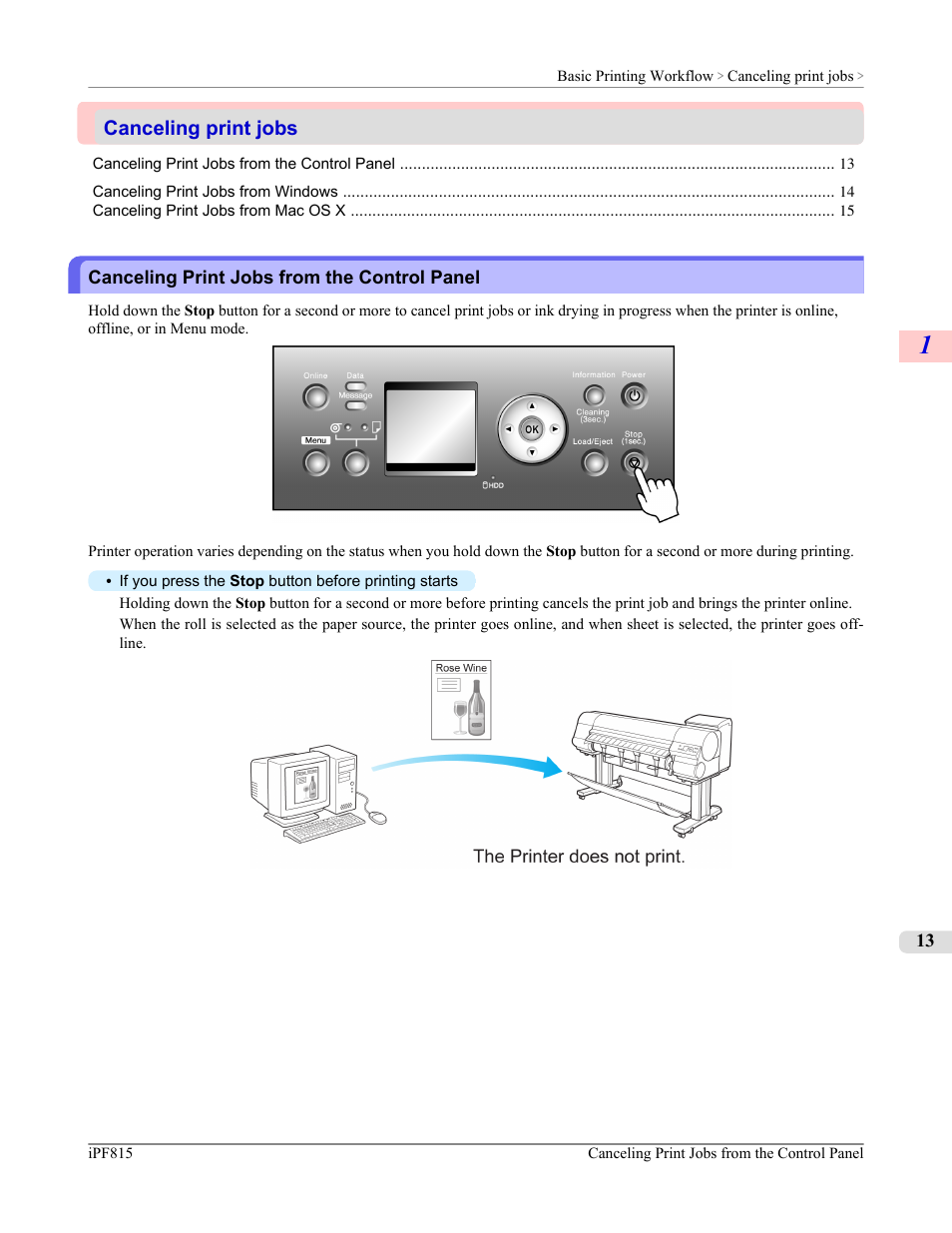 Canceling print jobs, Canceling print jobs from the control panel | Canon imagePROGRAF iPF815 User Manual | Page 29 / 960