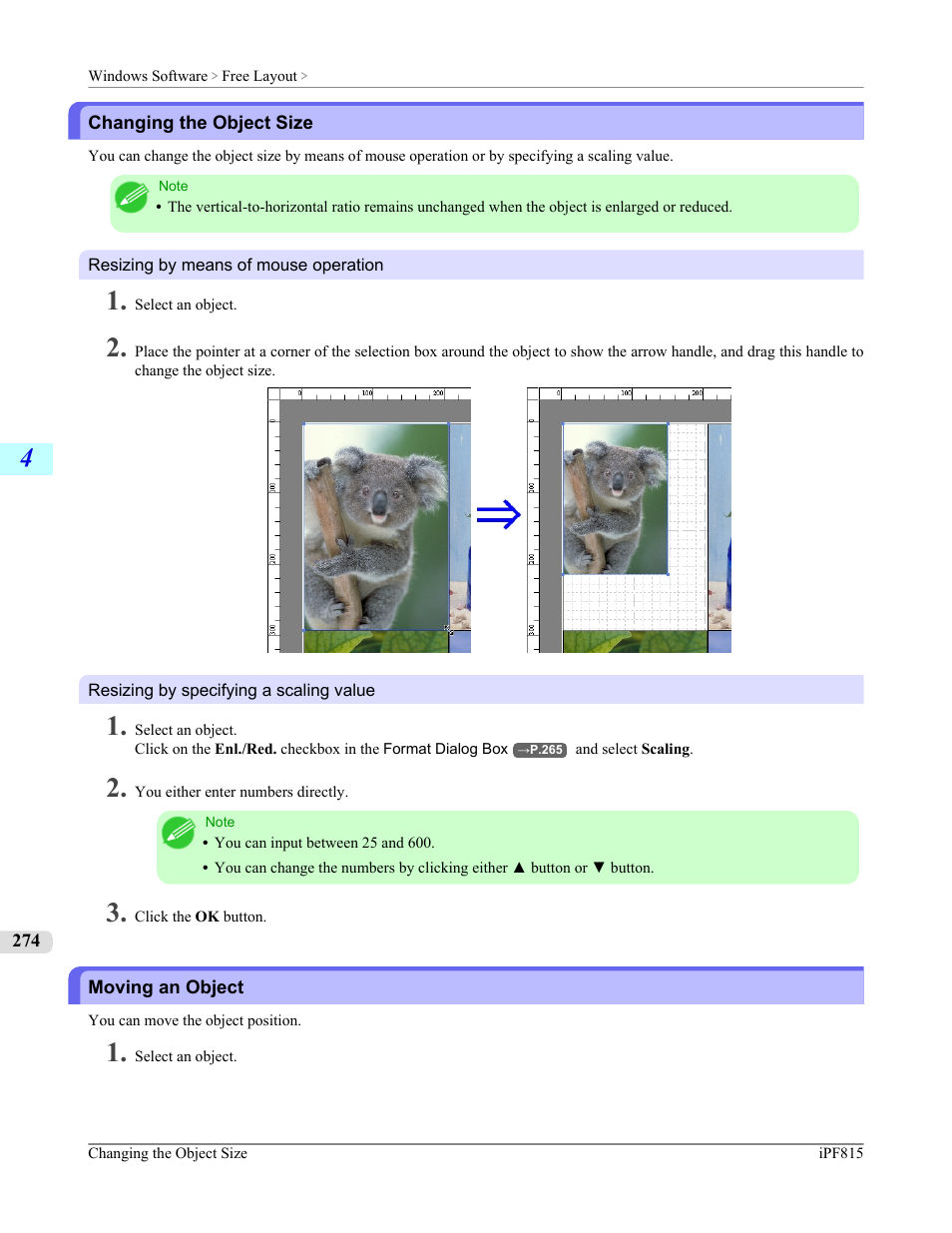 Changing the object size, Moving an object, Changing the object size moving an object | Canon imagePROGRAF iPF815 User Manual | Page 290 / 960