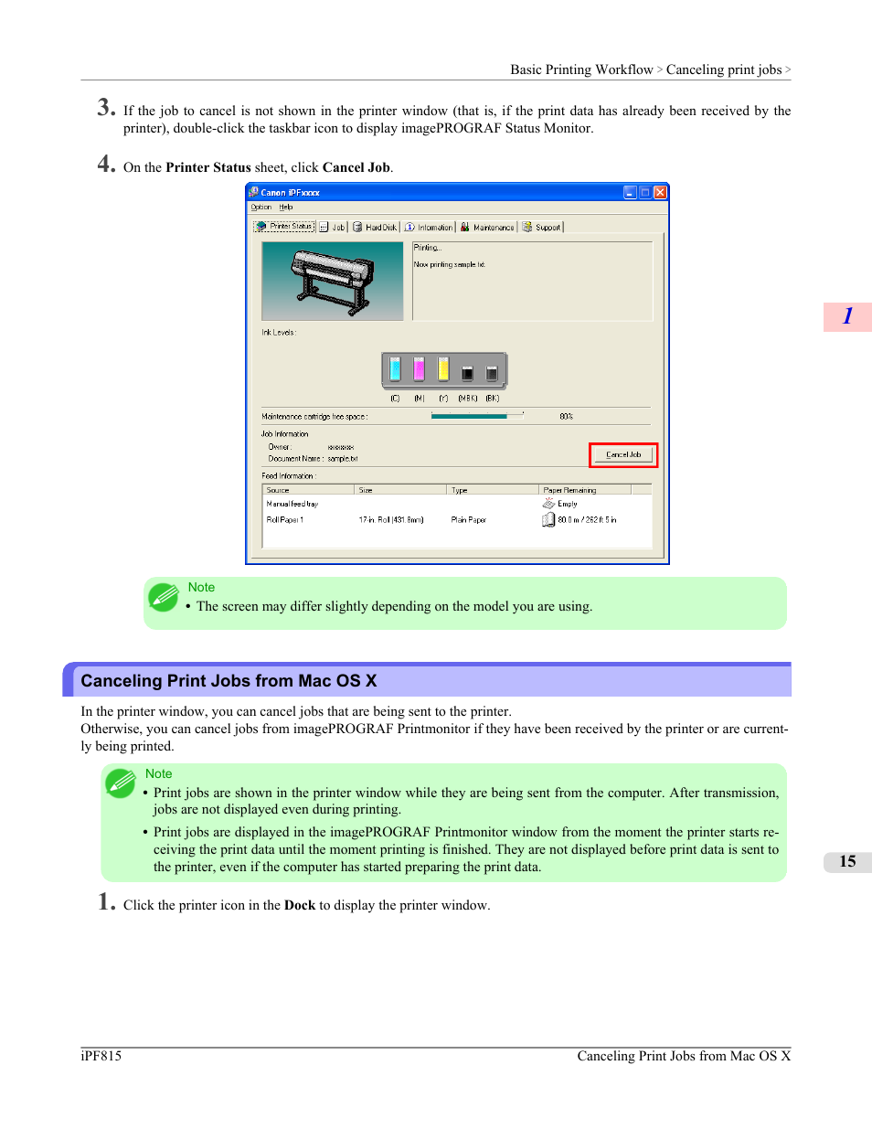 Canceling print jobs from mac os x | Canon imagePROGRAF iPF815 User Manual | Page 31 / 960
