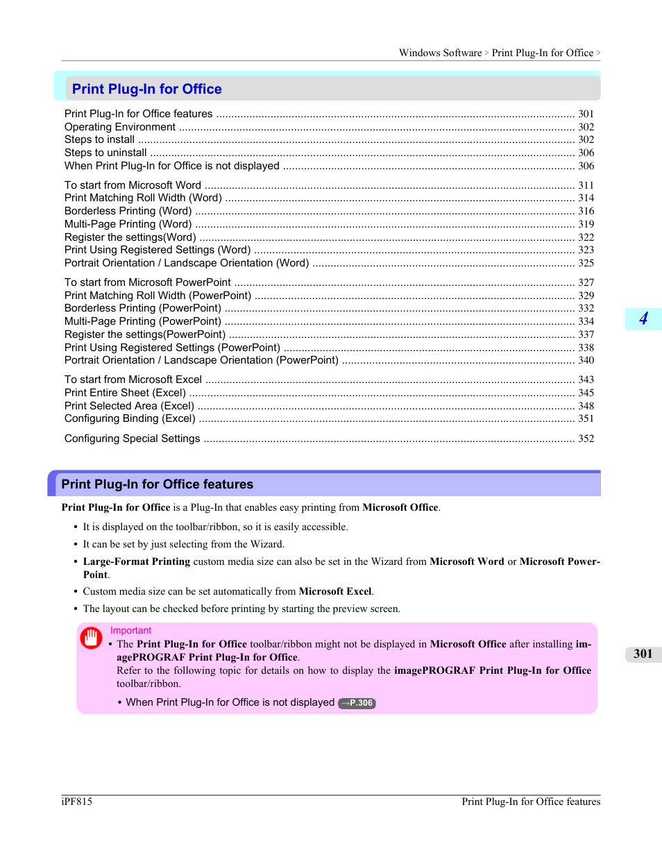 Print plug-in for office, Print plug-in for office features | Canon imagePROGRAF iPF815 User Manual | Page 317 / 960