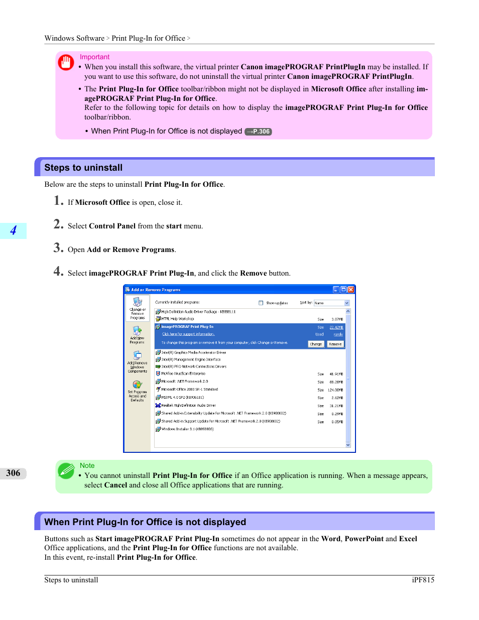 Steps to uninstall, When print plug-in for office is not displayed, P.306 | Canon imagePROGRAF iPF815 User Manual | Page 322 / 960