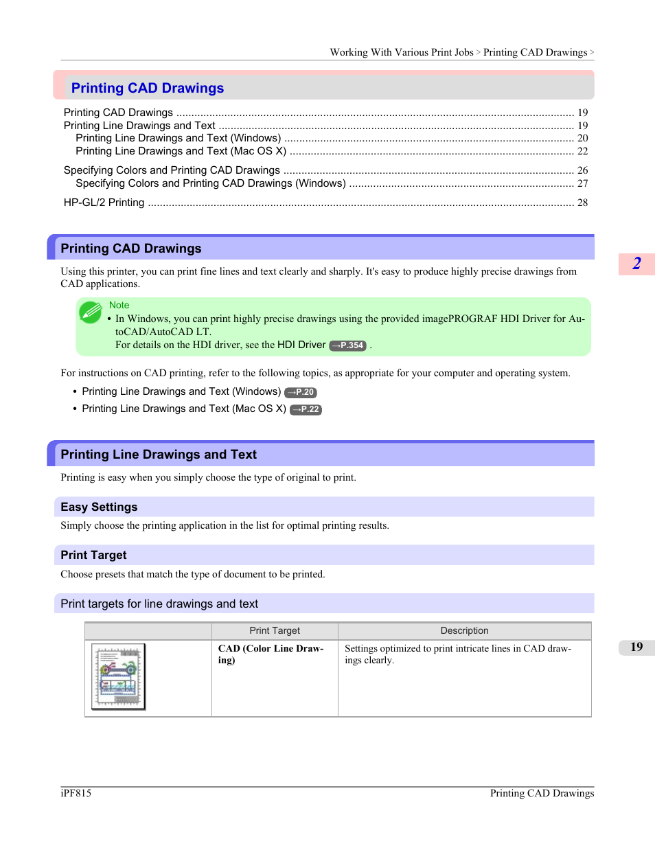 Printing cad drawings, Printing line drawings and text | Canon imagePROGRAF iPF815 User Manual | Page 35 / 960