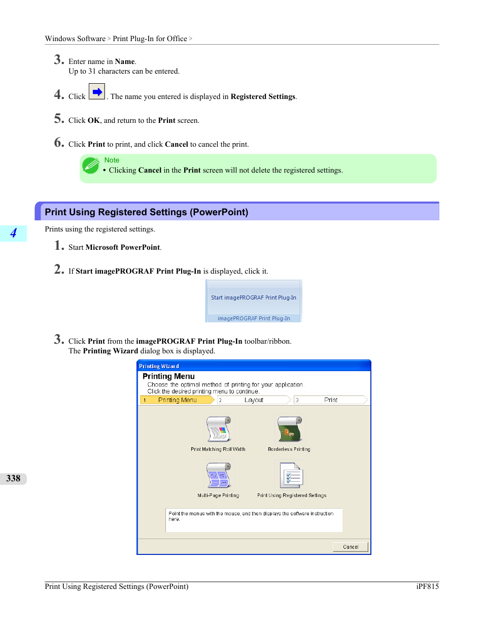 Print using registered settings (powerpoint) | Canon imagePROGRAF iPF815 User Manual | Page 354 / 960