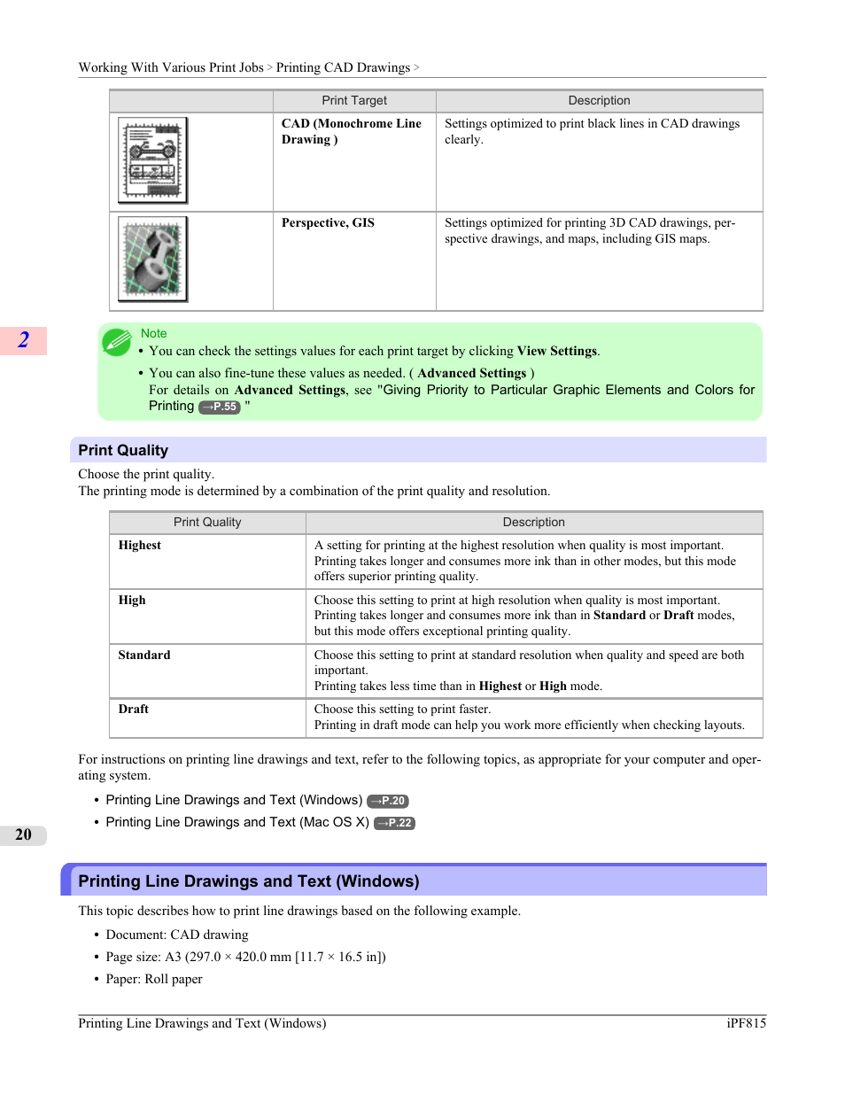 Printing line drawings and text (windows), P.20 | Canon imagePROGRAF iPF815 User Manual | Page 36 / 960