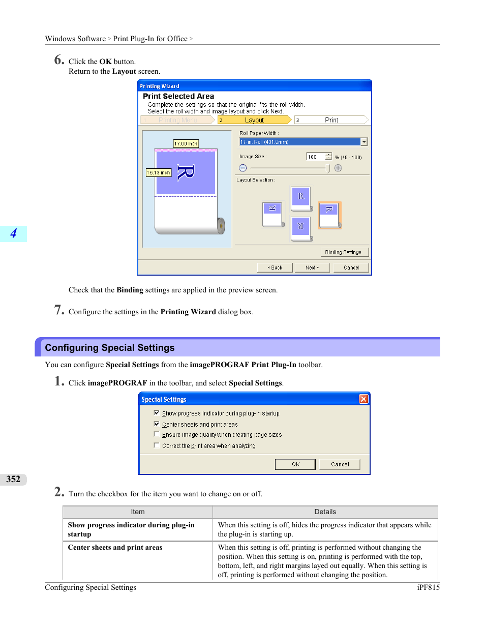 Configuring special settings, P.352, For details | Canon imagePROGRAF iPF815 User Manual | Page 368 / 960