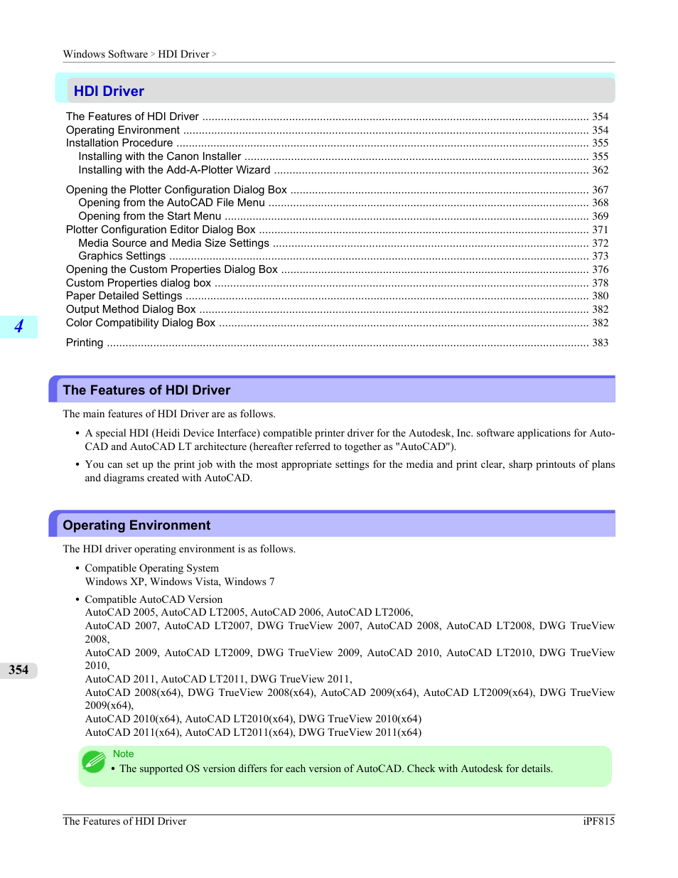 Hdi driver, The features of hdi driver, Operating environment | The features of hdi driver operating environment, For details on the hdi driver, see the hdi driver, P.354 | Canon imagePROGRAF iPF815 User Manual | Page 370 / 960