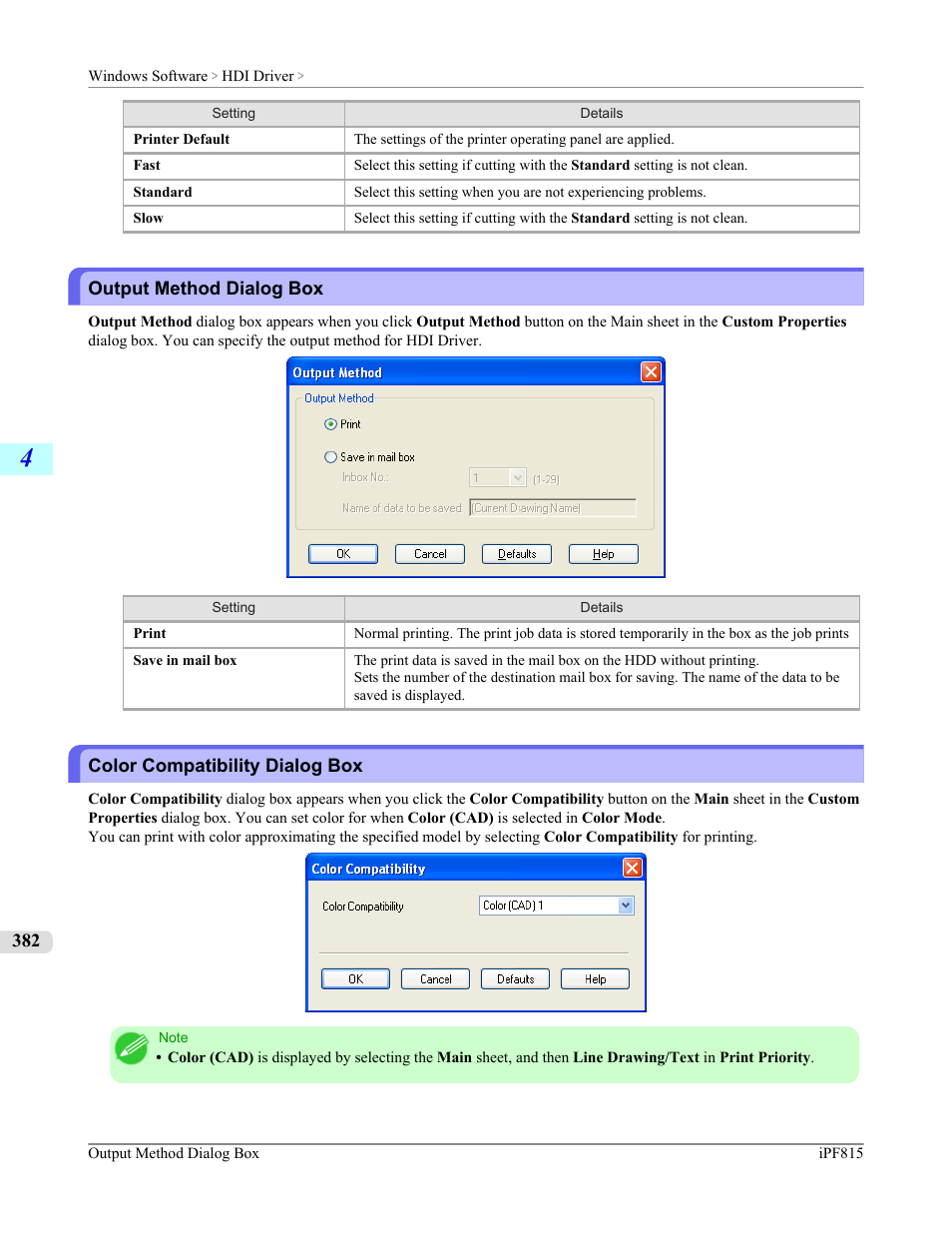 Output method dialog box, Color compatibility dialog box, P.382 | Canon imagePROGRAF iPF815 User Manual | Page 398 / 960