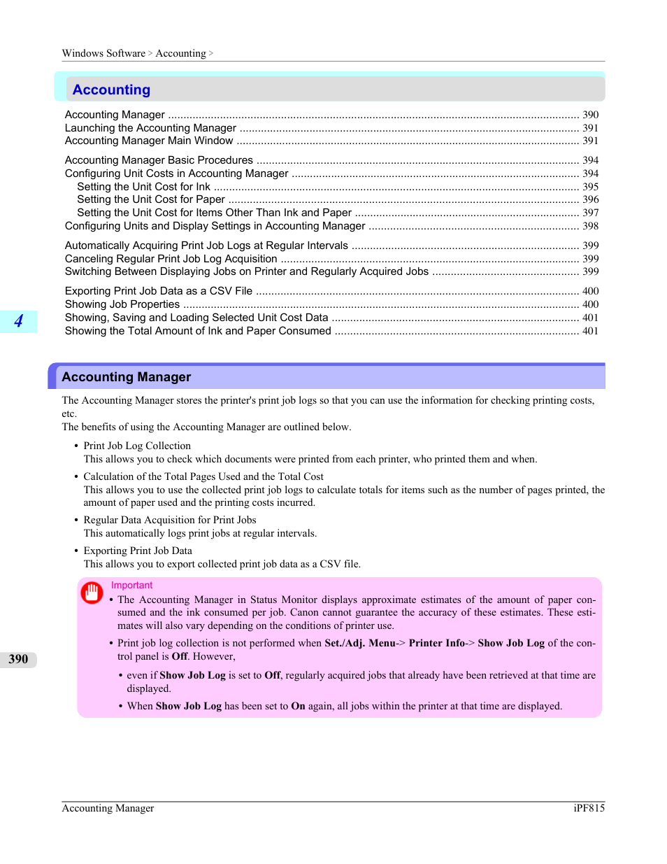 Accounting, Accounting manager | Canon imagePROGRAF iPF815 User Manual | Page 406 / 960
