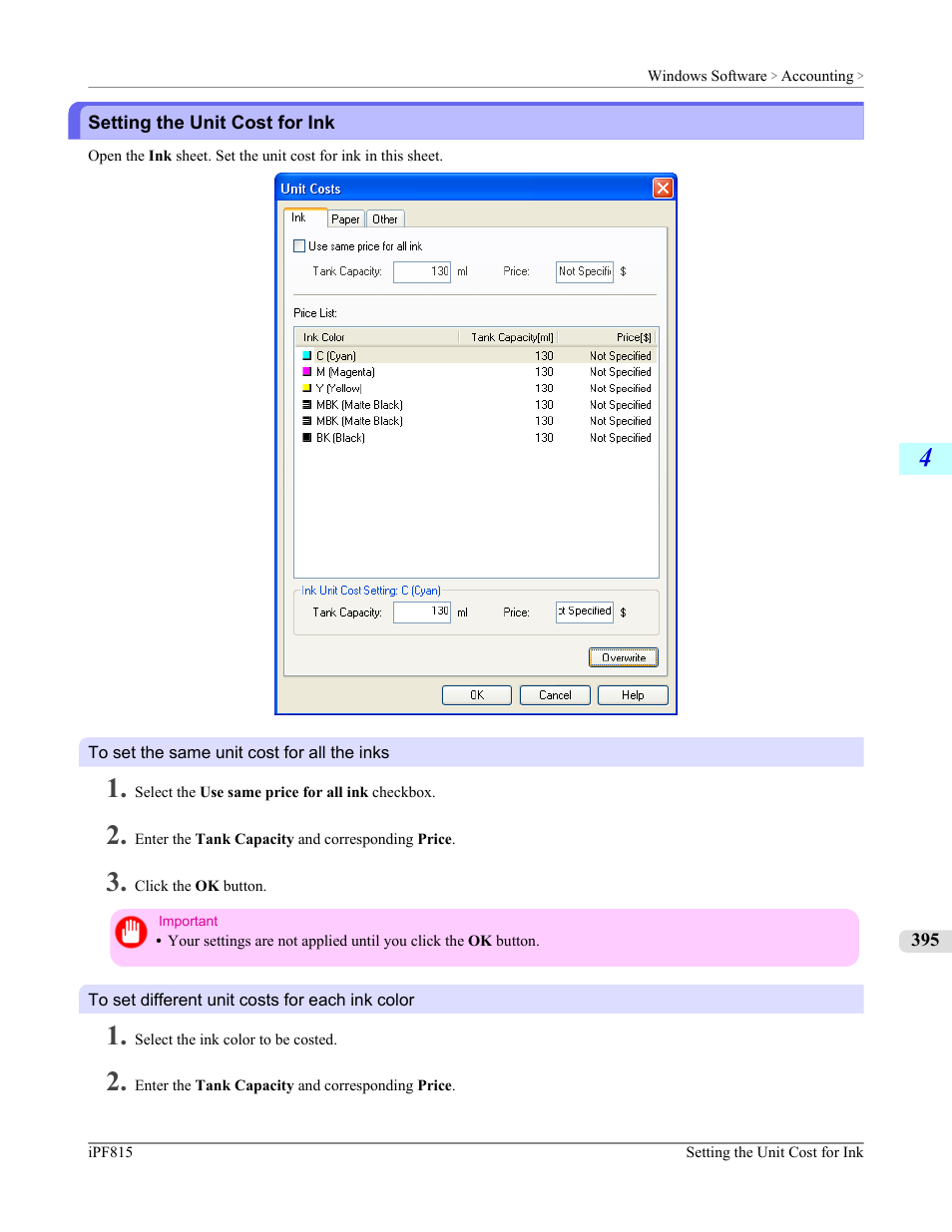 Setting the unit cost for ink, P.395 | Canon imagePROGRAF iPF815 User Manual | Page 411 / 960