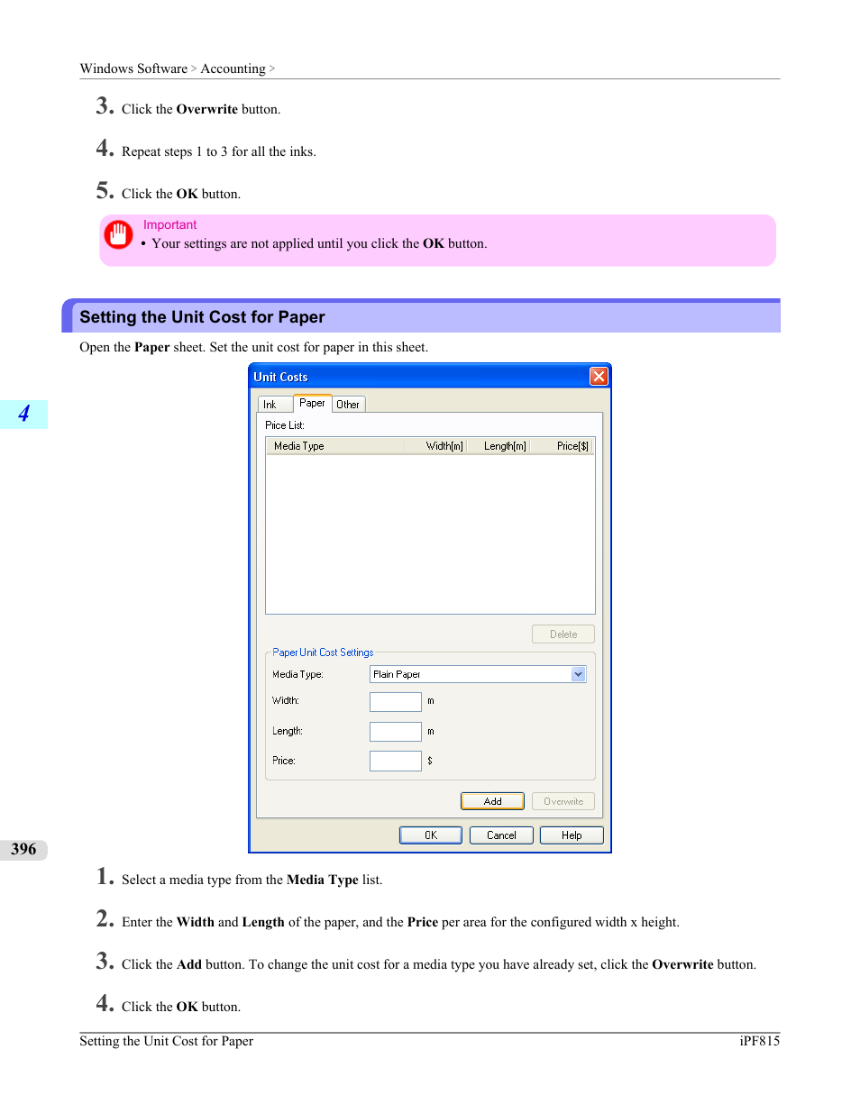 Setting the unit cost for paper, P.396 | Canon imagePROGRAF iPF815 User Manual | Page 412 / 960