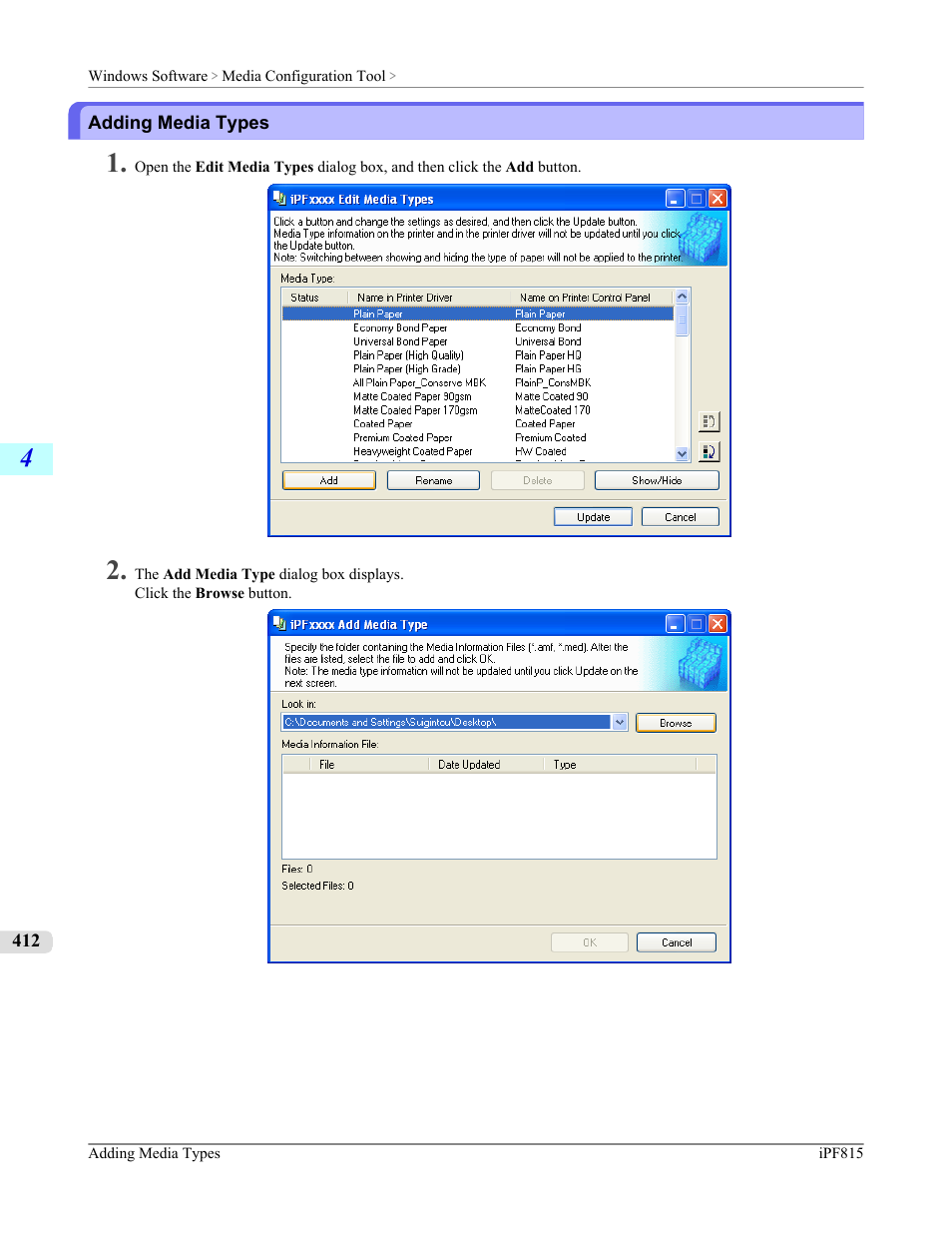Adding media types, P.412 | Canon imagePROGRAF iPF815 User Manual | Page 428 / 960