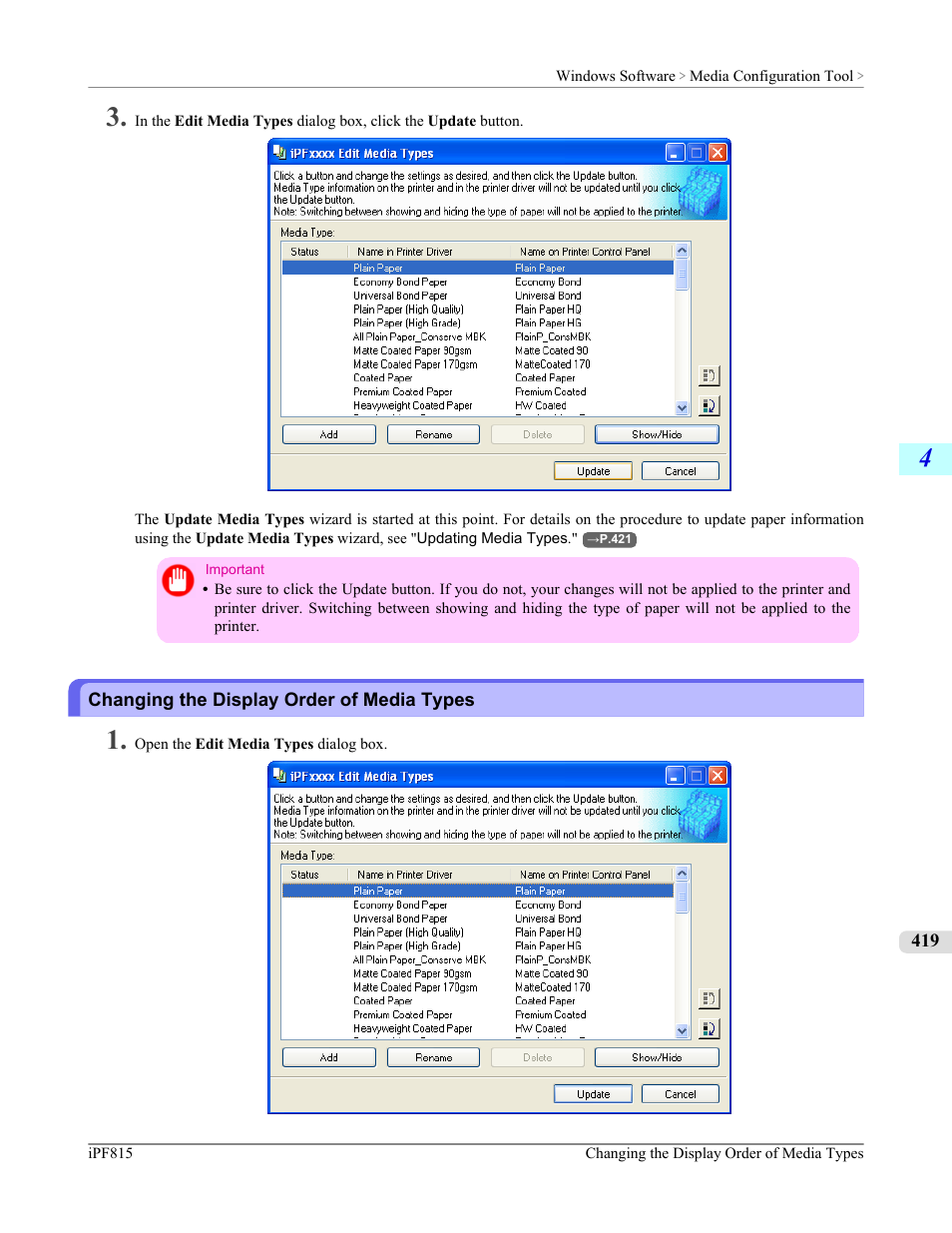 Changing the display order of media types, P.419 | Canon imagePROGRAF iPF815 User Manual | Page 435 / 960